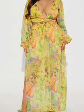 Yellow Marble-Print Maxi Dress with Cutout